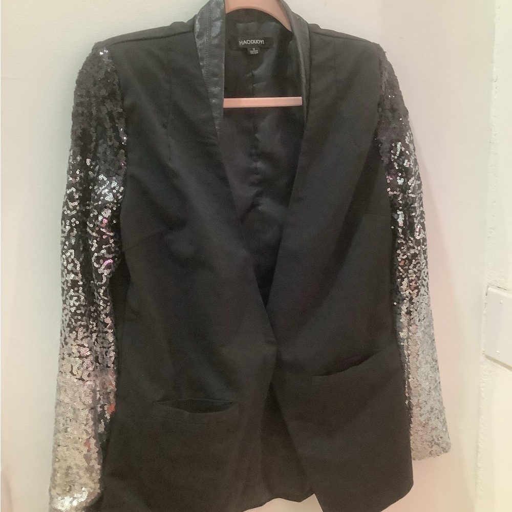 HAODUOYI Black Blazer with Silver Sequin Sleeves